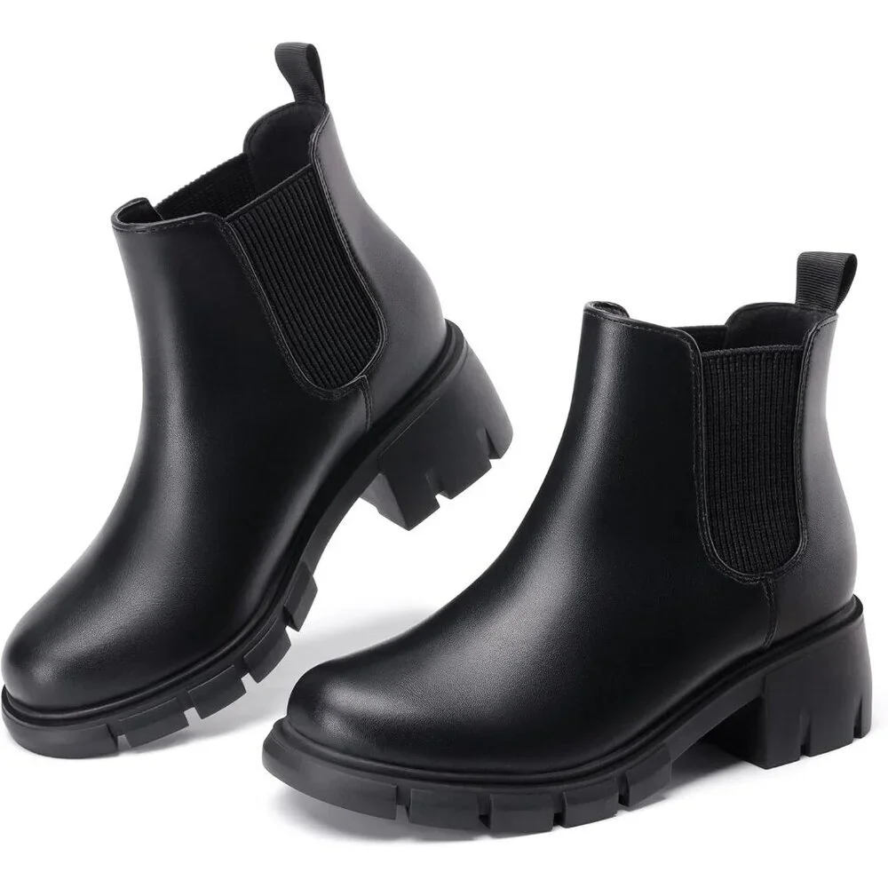 🆕Girls Black Polyurethane Cowgirl Ankle Comfortable Slip on Lug Sole Boot